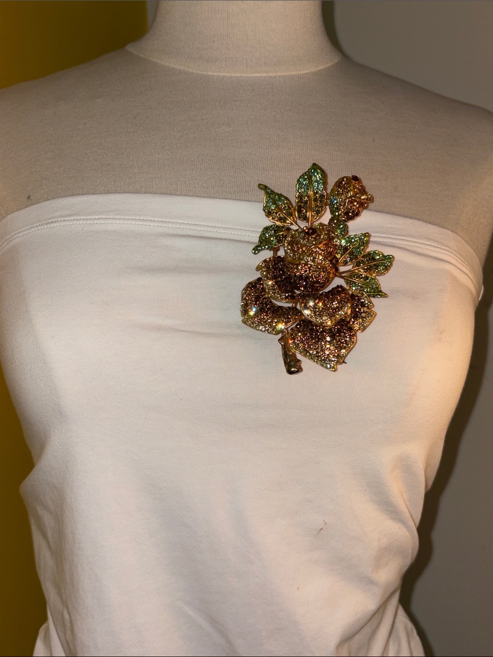 Extra large vintage roses and rhinestones double pin brooch
